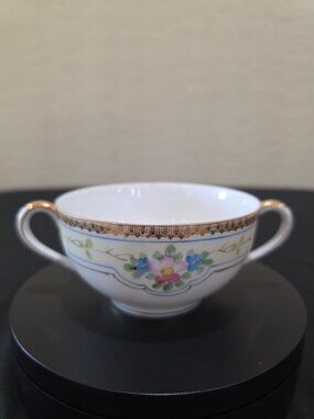 NIPPON Vintage Hand Painted Flower Porcelain Gold Accent Double Handle Tea Cup